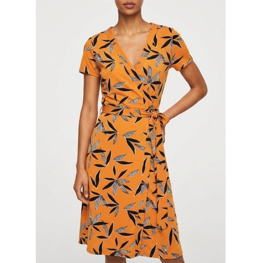 MANGO Leaf-Print Wrap Dress Orange/Black Women Size Small Casual Summer V-Neck